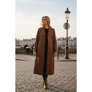 Via Accenti Womens Brown Leather Full Length Trench Coat Career Outerwear 16W